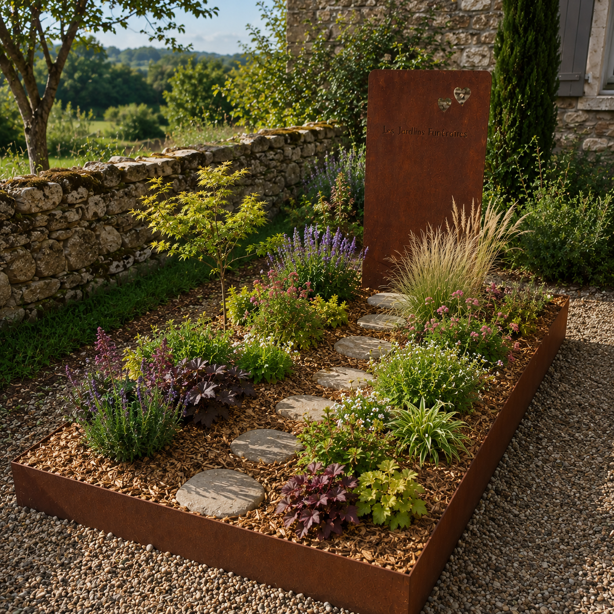 Tombe paysag&egrave;re avec st&egrave;le en acier corten et jardin de m&eacute;moire