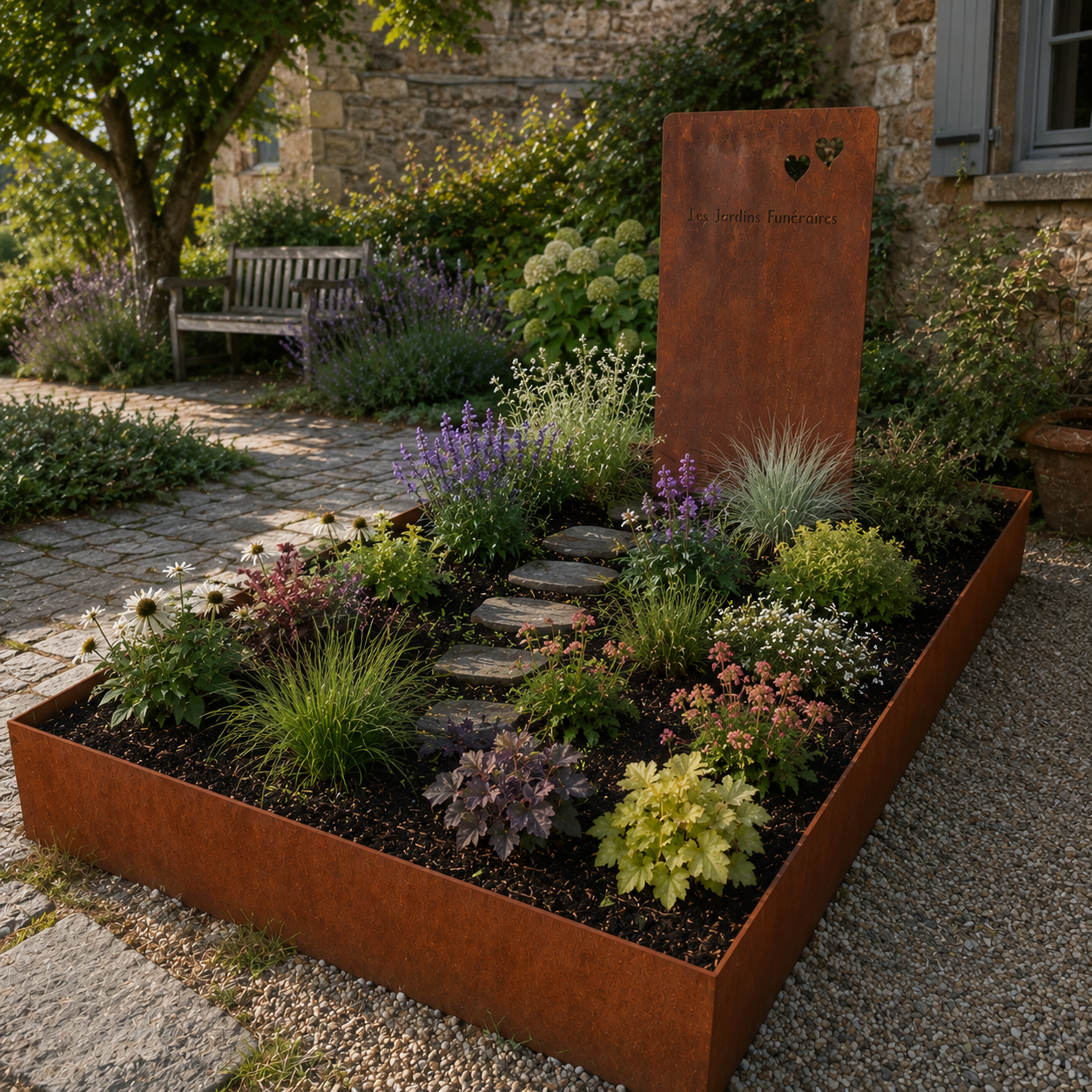 Monument fun&eacute;raire paysager en acier corten avec st&egrave;le et plantations