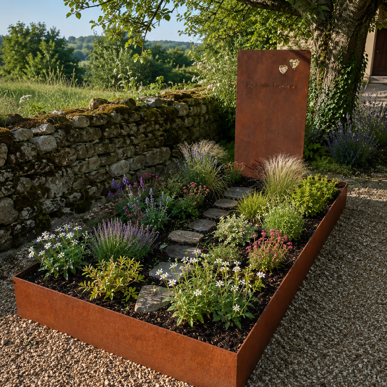 Tombe paysag&egrave;re v&eacute;g&eacute;talis&eacute;e avec st&egrave;le et monument complet