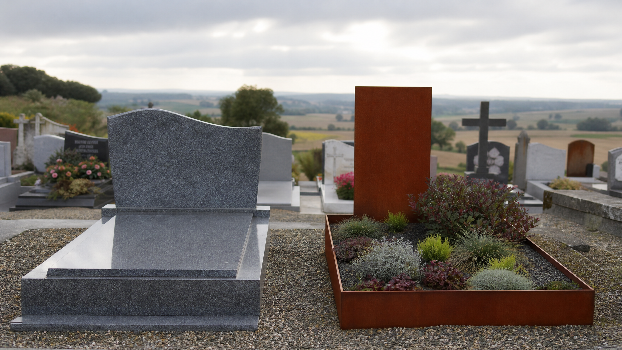 Comparaison entre monument funéraire en granit et tombe paysagère en acier corten