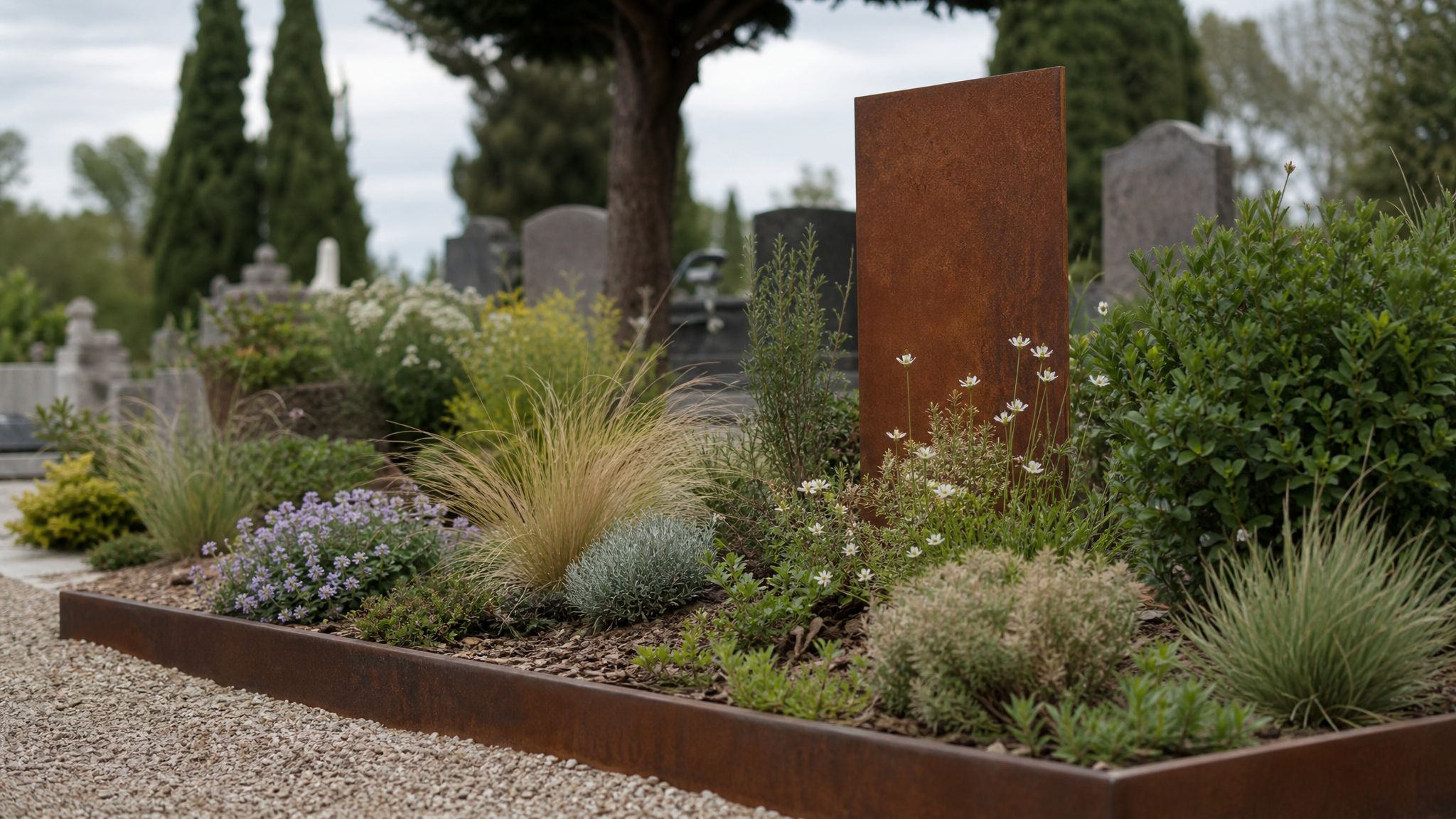 Tombe v&eacute;g&eacute;talis&eacute;e avec plantes, paillage, st&egrave;le et entourage en acier corten