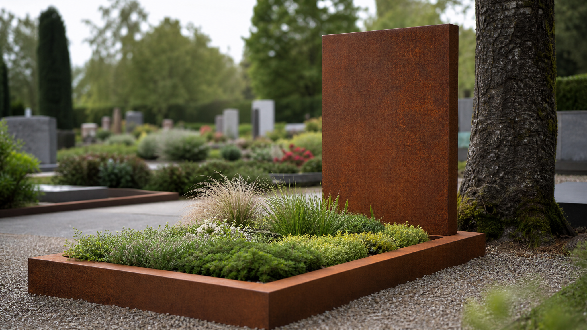 Monument funéraire contemporain en acier corten avec végétalisation