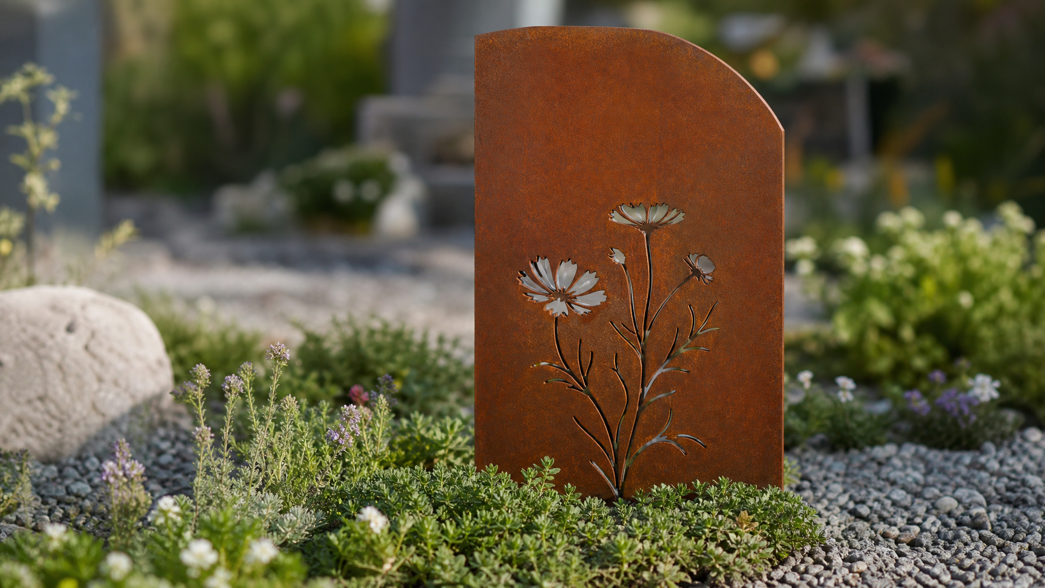 Stèle funéraire personnalisée en acier corten avec motif symbolique
