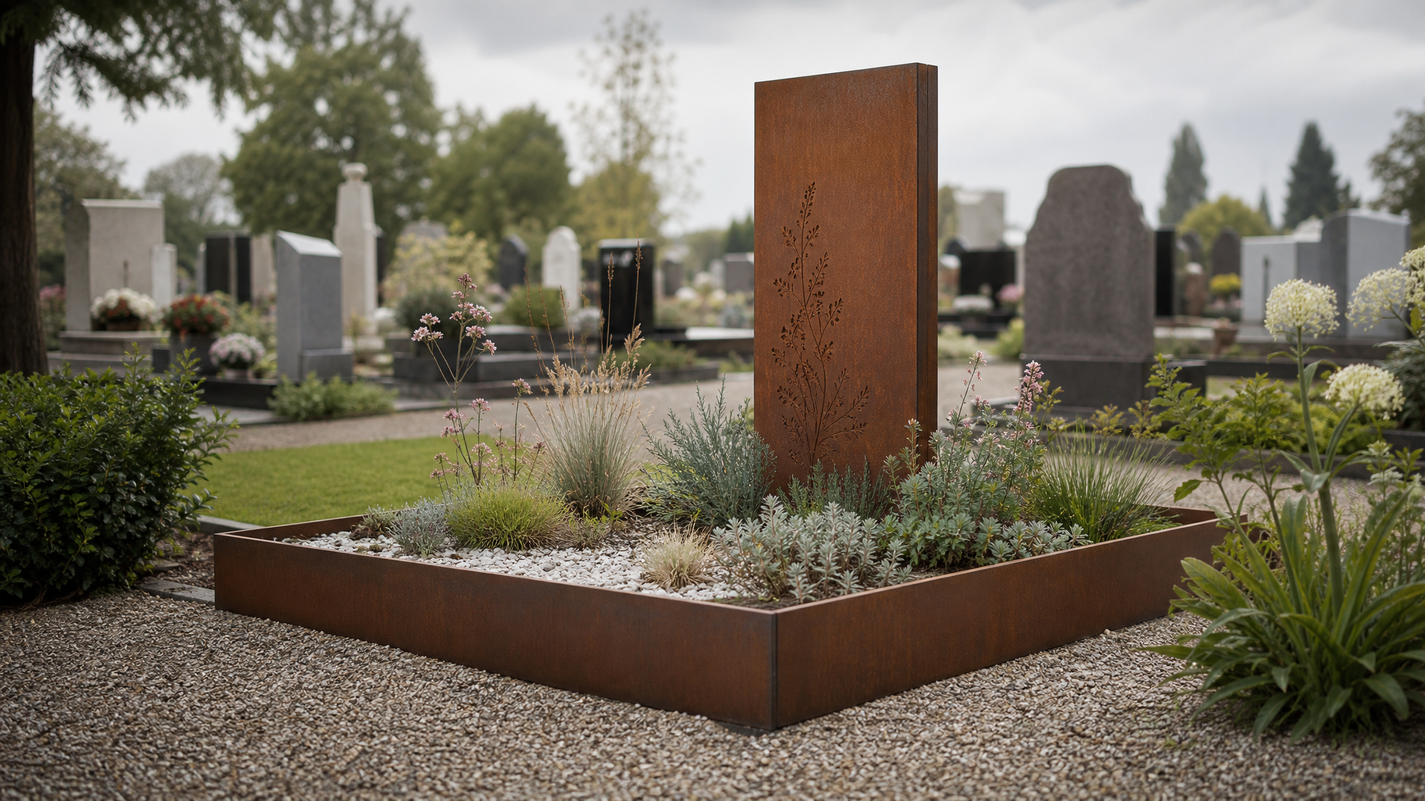 Monument funéraire moderne avec acier corten et végétalisation