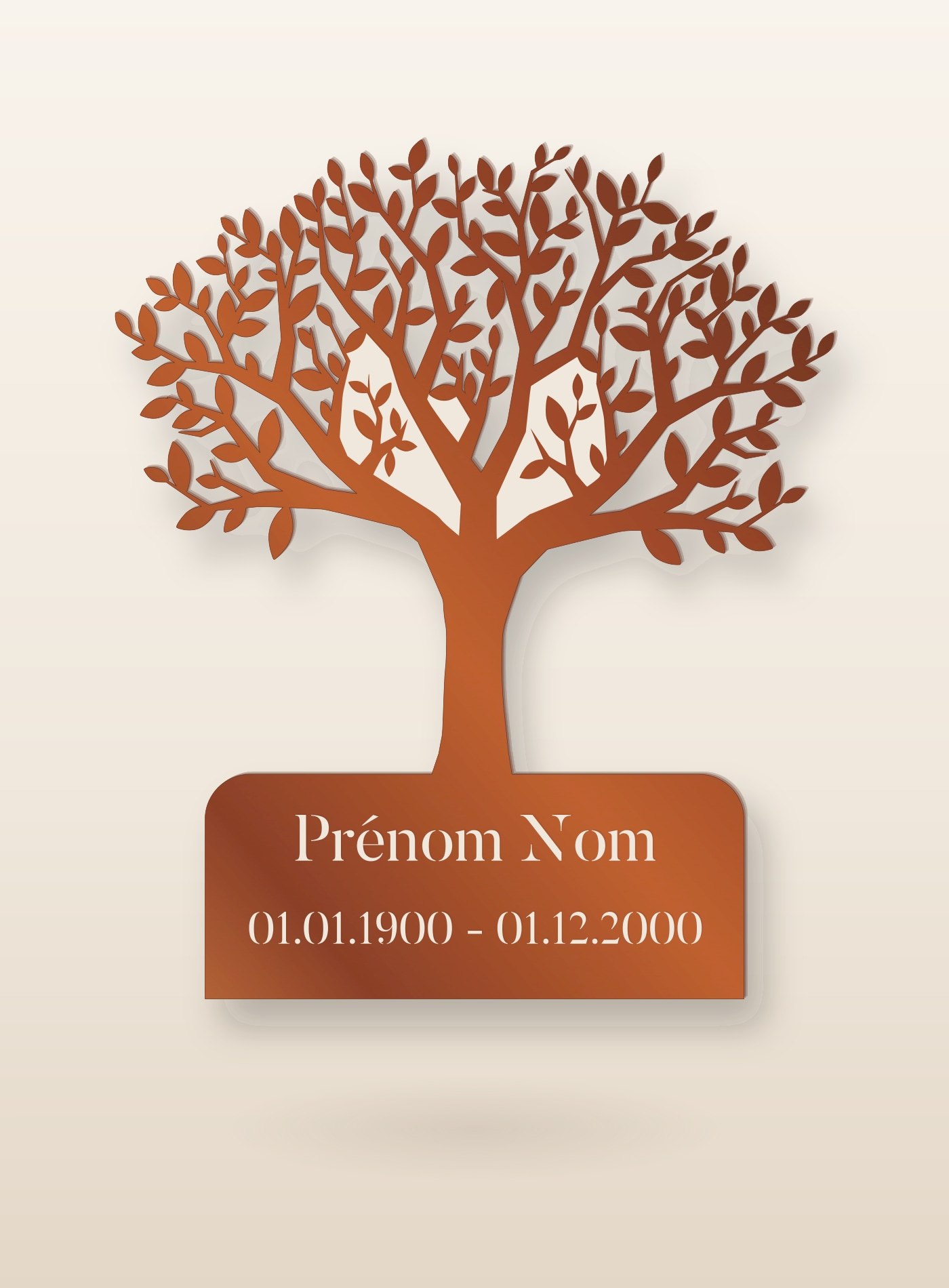 Stèle arbre de vie avec nom et dates en acier corten