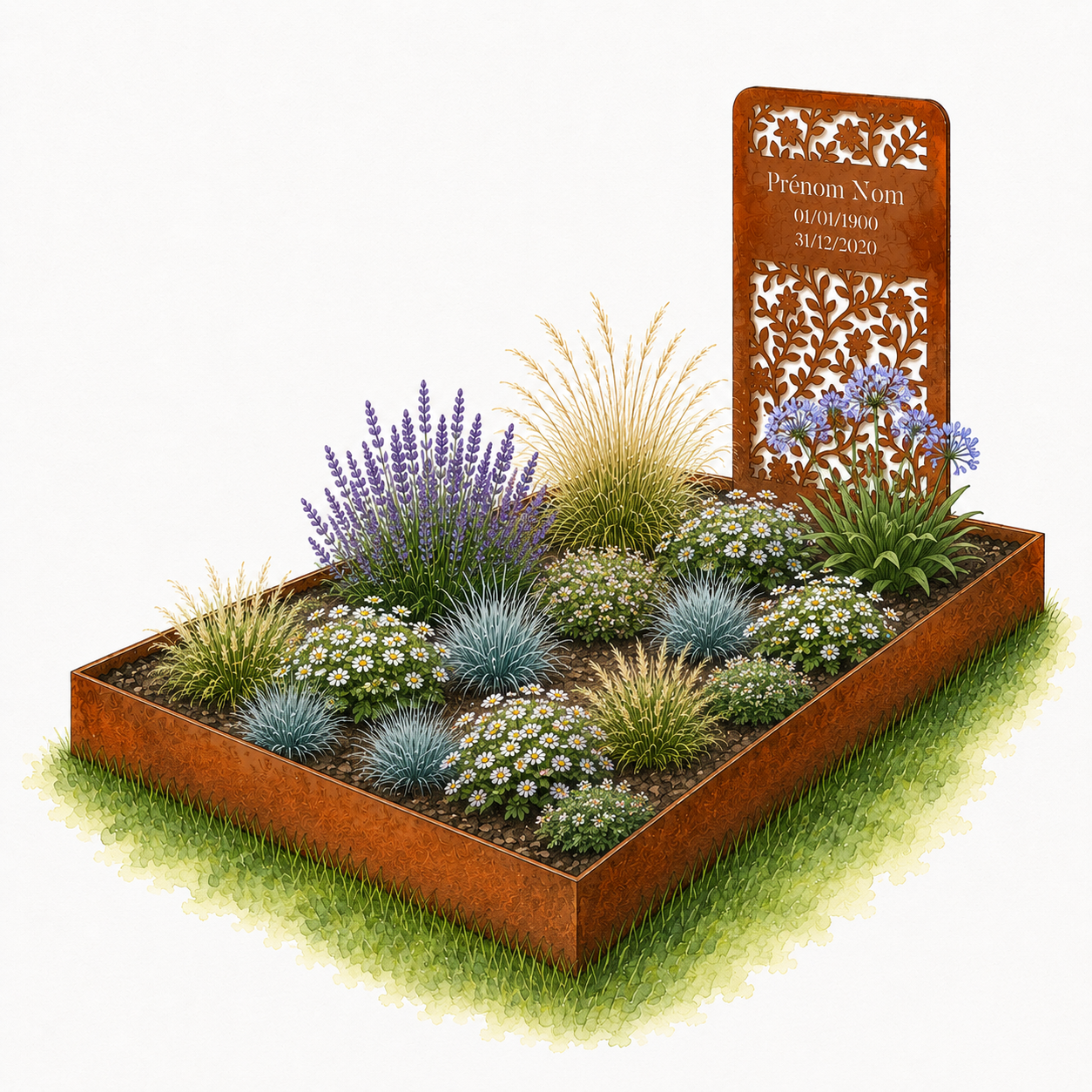 Monument paysager avec stèle Douceur Floraison en acier corten