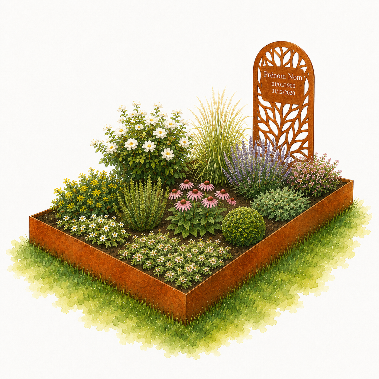 Monument paysager avec stèle Lune Canopée en acier corten