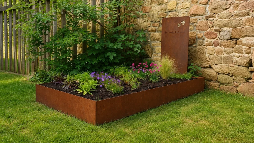 Monument paysager en corten et plantations — visuel du site actuel