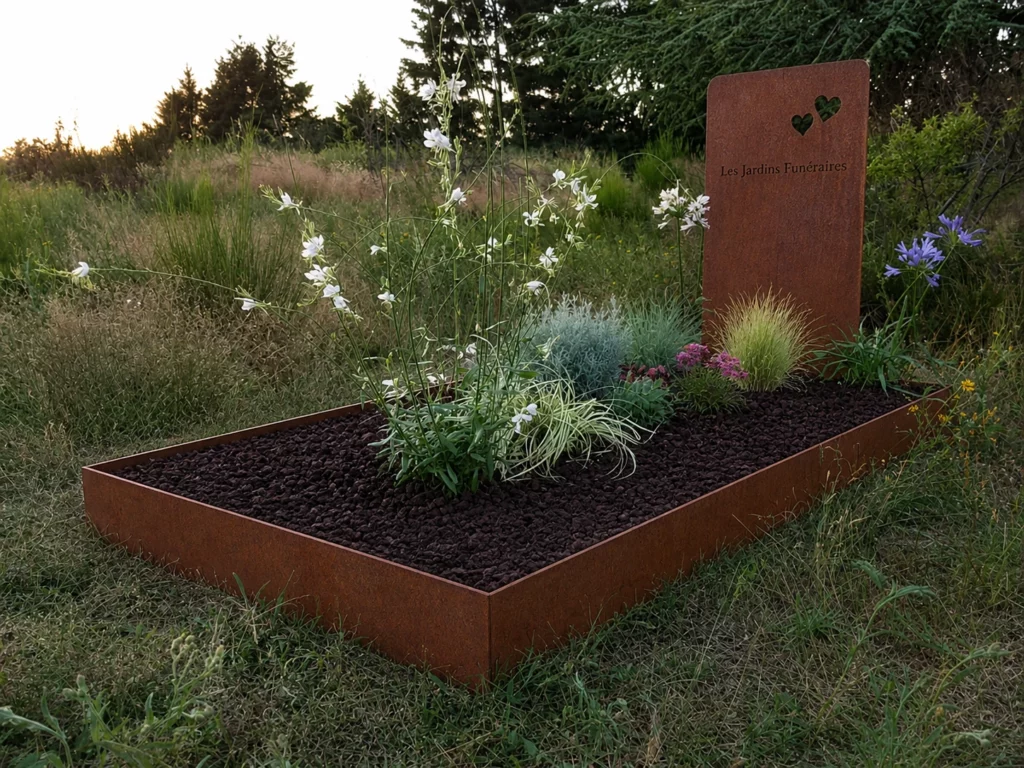 Jardin funéraire en acier corten — visuel du site actuel